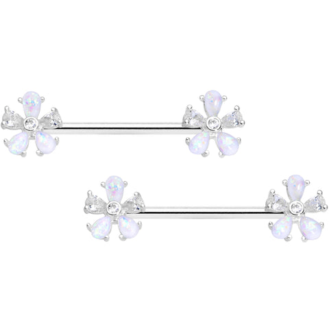14G 9/16 White Faux Opal Flower Barbell Nipple Ring Set