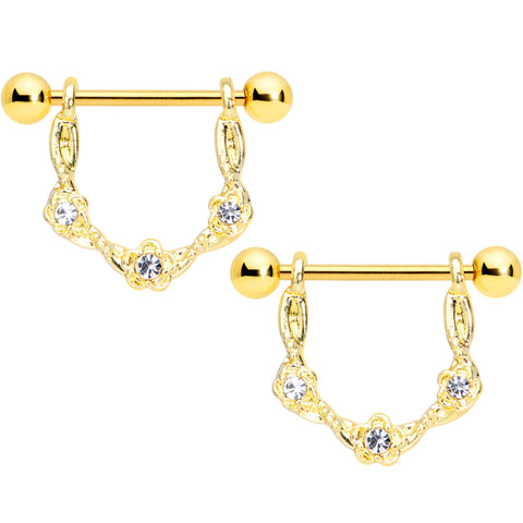 14G 5/8 Clear Gem Gold Tone Flower Dangle Nipple Ring Set