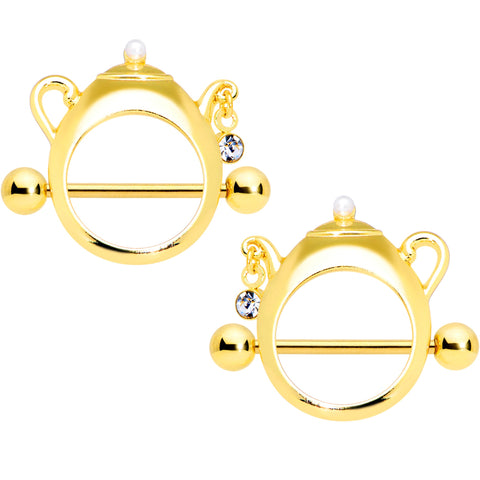 14G 5/8 Clear Gem Gold Tone Teapot Nipple Shield Set