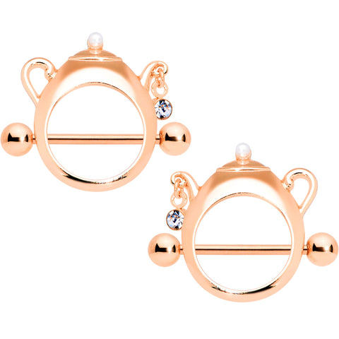 14G 5/8 Clear Gem Rose Gold Tone Teapot Nipple Shield Set