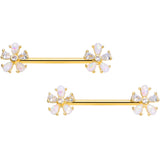14G 9/16 White Faux Opal Gold Tone Flower Barbell Nipple Ring Set