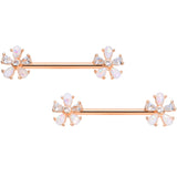 14G 9/16 White Faux Opal Rose Gold Tone Flower Barbell Nipple Set