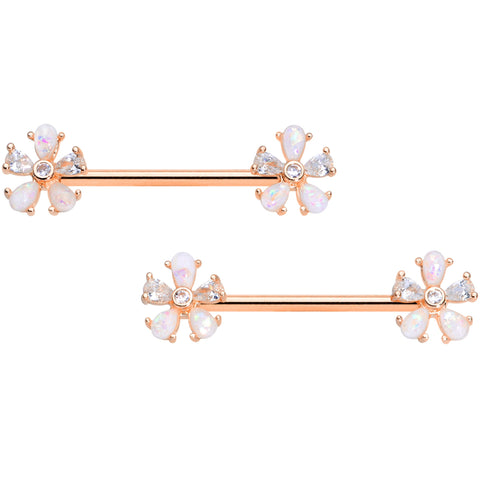 14G 9/16 White Faux Opal Rose Gold Tone Flower Barbell Nipple Set