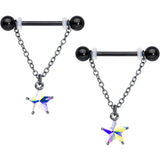 14G 5/8 Aurora Gem Black Plated Star Chain Dangle Nipple Ring Set