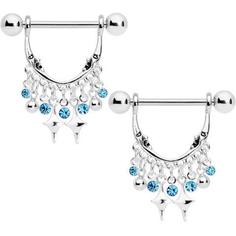 14G 5/8 Aqua Gem Moons Dangle Nipple Ring Set