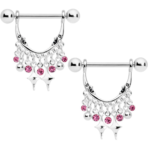 14G 5/8 Pink Gem Moons Dangle Nipple Ring Set
