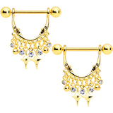 14G 5/8 Clear Gem Gold Tone Moons Dangle Nipple Ring Set