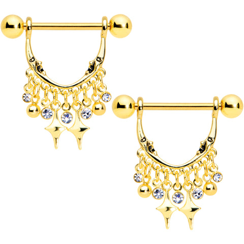 14G 5/8 Clear Gem Gold Tone Moons Dangle Nipple Ring Set