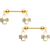14G 9/16 Clear Gem Gold Tone Shamrock Dangle Nipple Ring Set