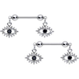 14G 9/16 Clear Black Gem Open Eye Dangle Nipple Ring Set