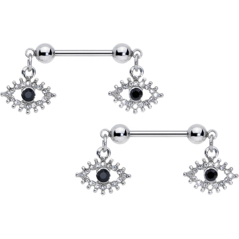 14G 9/16 Clear Black Gem Open Eye Dangle Nipple Ring Set