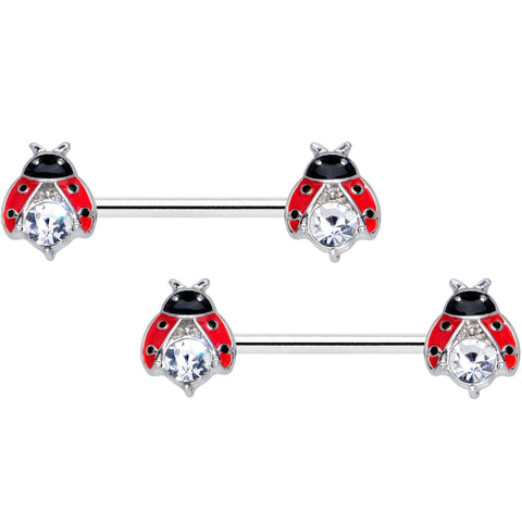 14G 9/16 Clear Gem Red Black Ladybug Barbell Nipple Ring Set
