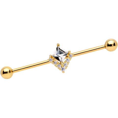 14G Clear CZ Gem Gold Tone Chevron Industrial Barbell 38mm