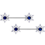 14G 9/16 Blue CZ Gem Snowflake Christmas Barbell Nipple Ring Set