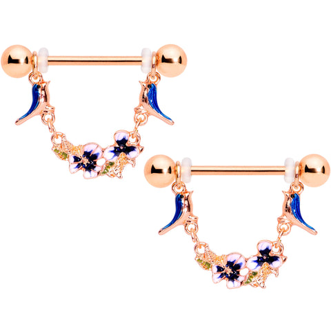 14G 9/16 Rose Gold Tone Bluebird Flower Dangle Nipple Ring Set