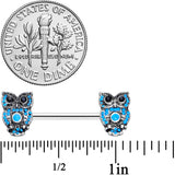 14G 9/16 Black Gem Ornate Blue Orb Owl Barbell Nipple Ring Set