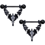 14G 9/16 Black Winged Skeleton Halloween Dangle Nipple Ring Set
