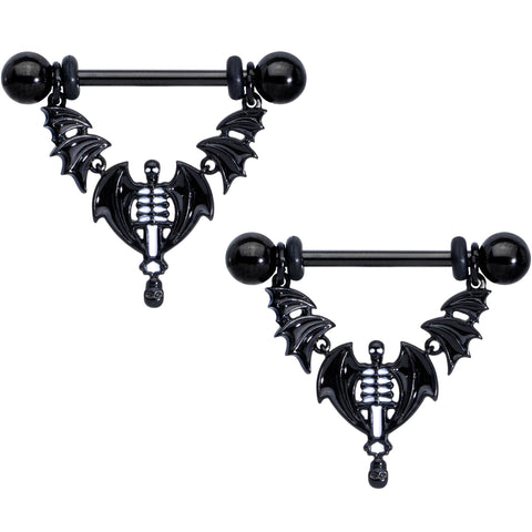 14G 9/16 Black Winged Skeleton Halloween Dangle Nipple Ring Set