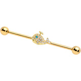 14G Clear Aqua Gem Gold Tone Whale Industrial Barbell 38mm