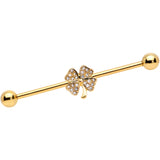 14G Clear Gem Gold Tone Shamrock Industrial Barbell 38mm