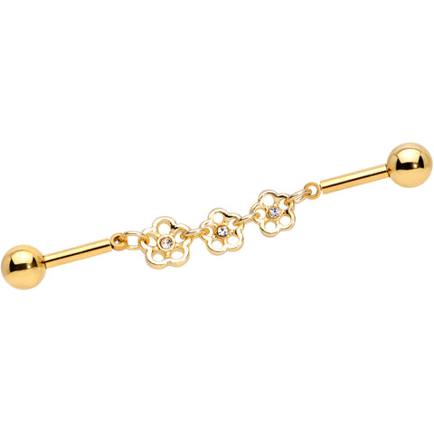 14G Clear Gem Gold Tone Flower Double Industrial Barbell 40mm