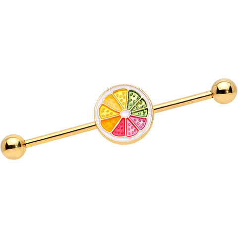 14G Gold Tone Rainbow Grapefruit Industrial Barbell 38mm