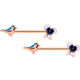 14G 9/16 Rose Gold Tone Bluebird Flower Barbell Nipple Ring Set