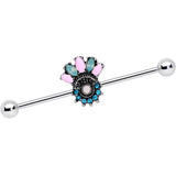 14G Blue Pink Green Gem Baroque Flower Industrial Barbell 38mm