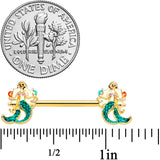 14G 9/16 Gold Tone Green Mermaids Barbell Nipple Ring Set