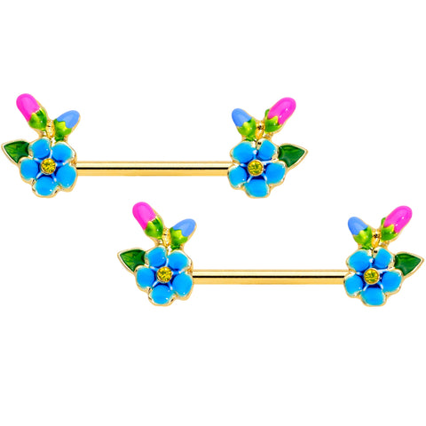 14G 9/16 Yellow Gem Gold Tone Neon Flower Barbell Nipple Ring Set