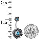 Clear Aqua Gem Floral Emblem Double Mount Belly Ring
