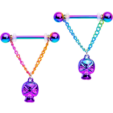 14G 3/4 Rainbow Plated Scary Skull Dangle Barbell Nipple Ring Set