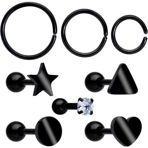 18G Clear CZ Gem Black Heart Cartilage Tragus Set of 8