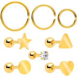 18G Clear CZ Gem Gold Tone Heart Cartilage Tragus Set of 8