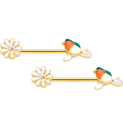 14G 5/8 Clear Blue Gem Gold Tone Perch Bird Barbell Nipple Set