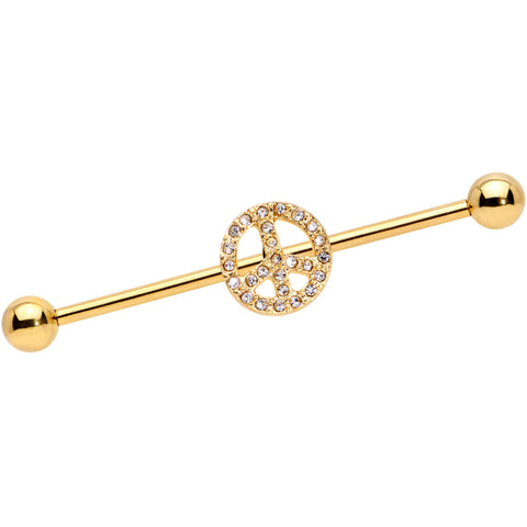 14G Clear Gem Gold Tone Peace Sign Industrial Barbell 38mm