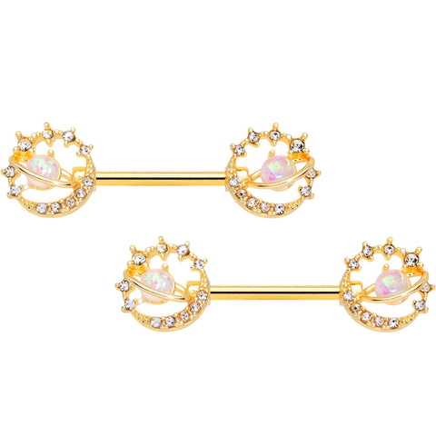 14G 9/16 Clear Gem Gold Tone Saturn Moon Barbell Nipple Ring Set