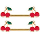 14G 9/16 Gold Tone Charming Cherries Barbell Nipple Ring Set
