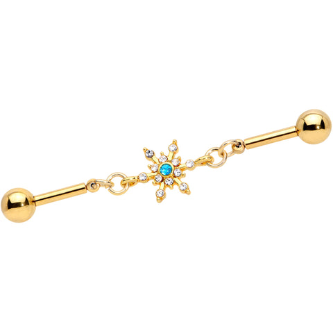 14G Blue CZ Gem Gold Hue Snowflake Double Industrial Barbell 38mm
