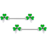 14G 5/8 Black Gem Green St Pats Shamrock Barbell Nipple Ring Set