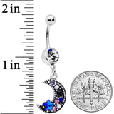 Clear Blue Black Gem Ornate Crescent Moon Dangle Belly Ring
