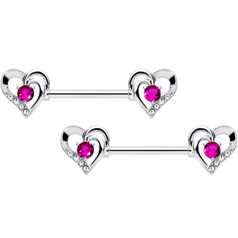 14G 9/16 Pink Gem Heart Valetines Day Barbell Nipple Ring Set