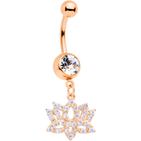 Clear CZ Gem Rose Gold Tone Lotus Flower Dangle Belly Ring