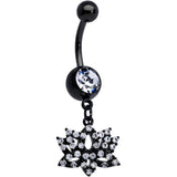 Clear CZ Gem Black Lotus Flower Dangle Belly Ring