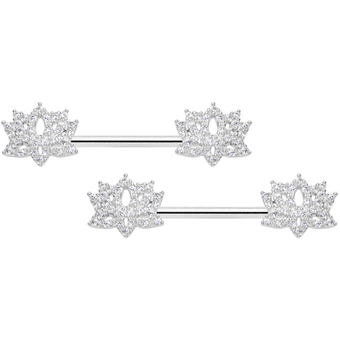 14G 9/16 Clear CZ Gem Lotus Flower Nipple Ring Set