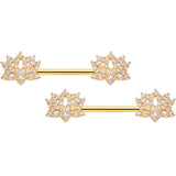 14G 9/16 Clear CZ Gem Gold Tone Lotus Flower Nipple Ring Set