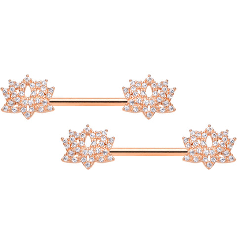 14G 9/16 Clear CZ Gem Rose Gold Tone Lotus Flower Nipple Ring Set