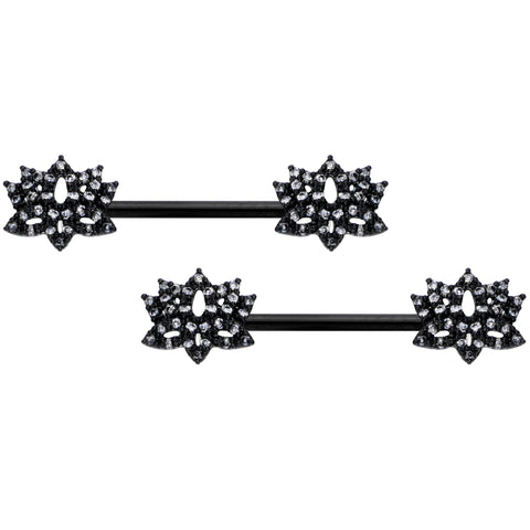 14G 9/16 Clear CZ Gem Black Lotus Flower Nipple Ring Set
