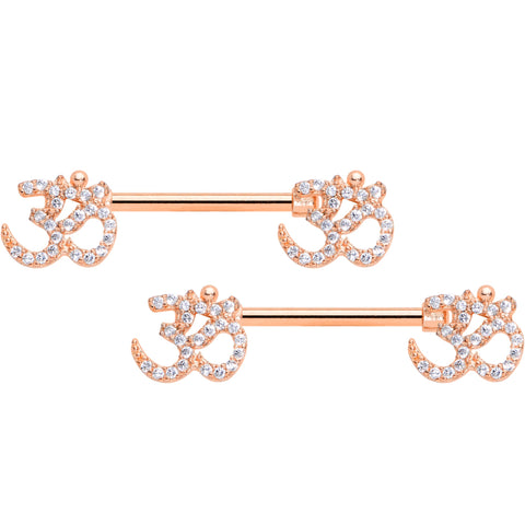 14G 9/16 Clear CZ Gem Rose Gold Hue Amazing Om Barbell Nipple Set