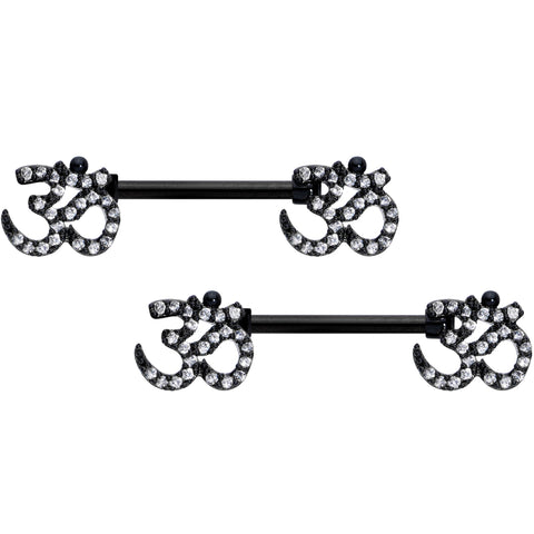 14G 9/16 Clear CZ Gem Black Amazing Om Barbell Nipple Ring Set